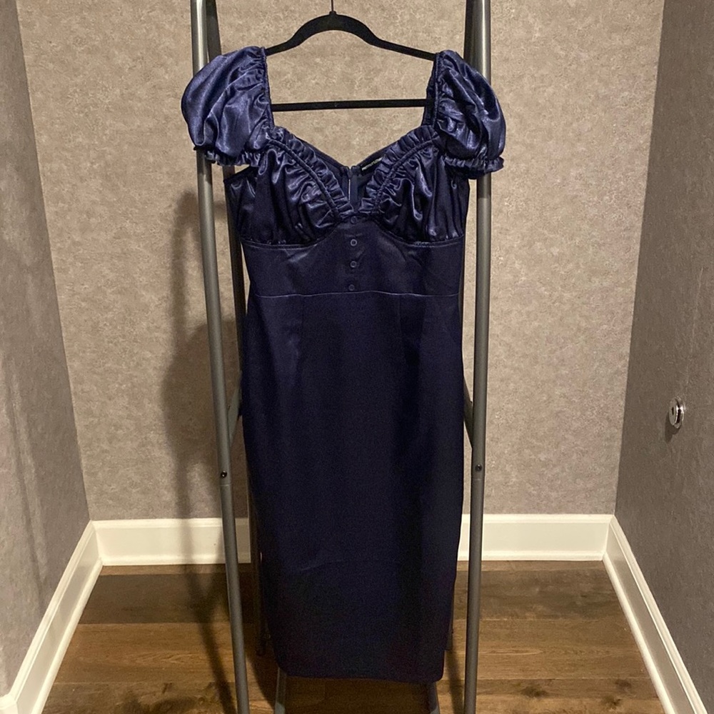 Navy blue satin midi dress